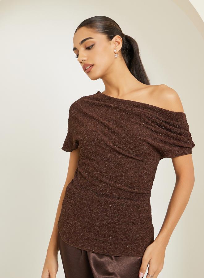 Styli Women Brown Asymmetric Neck Knit Top - Image 2